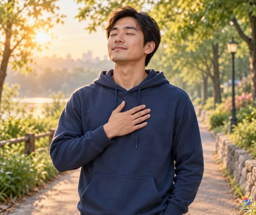 Keep control of envy and anger: a man pausing on a morning walk to take a slow, calming breath