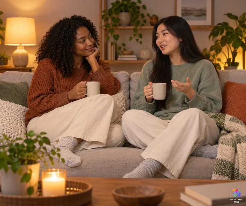 Keep your affirmations kind: two friends talking calmly on a sofa in the evening