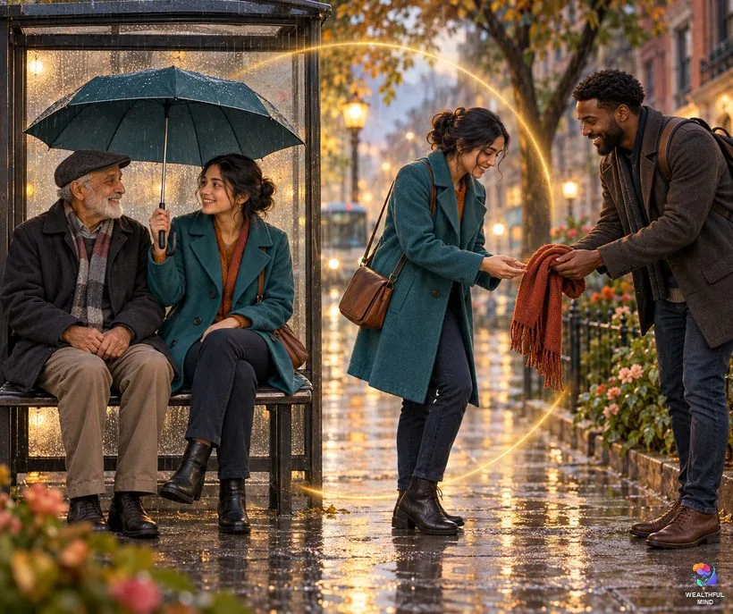 Kindness and good karma: a young woman shares her umbrella, and later a stranger returns her dropped scarf