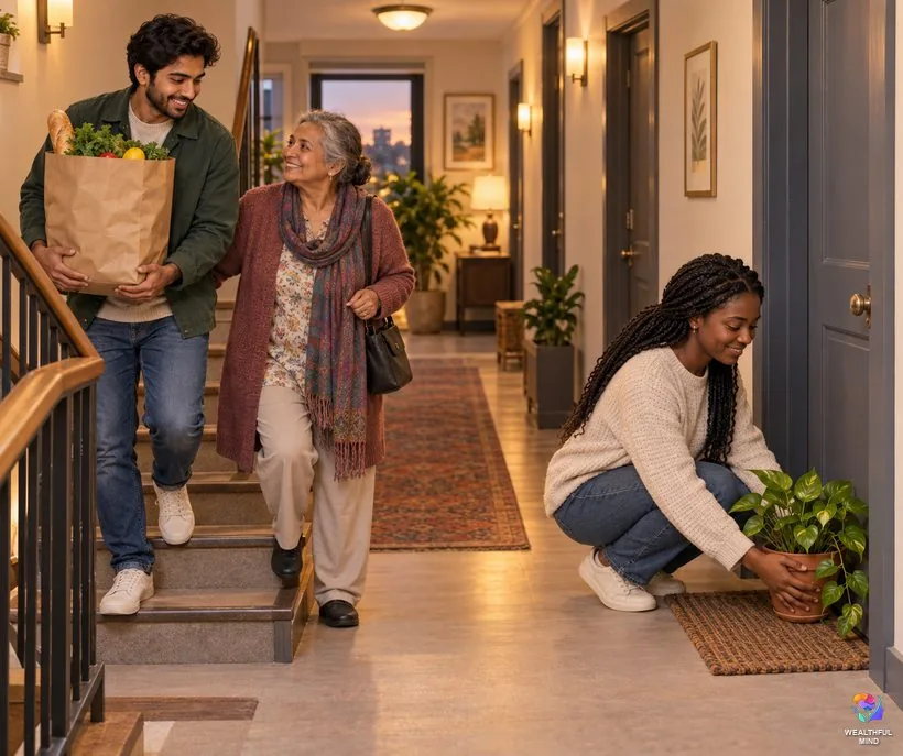 Kindness in daily life: a young man carrying groceries for his neighbor and a young woman leaving a plant for a friend
