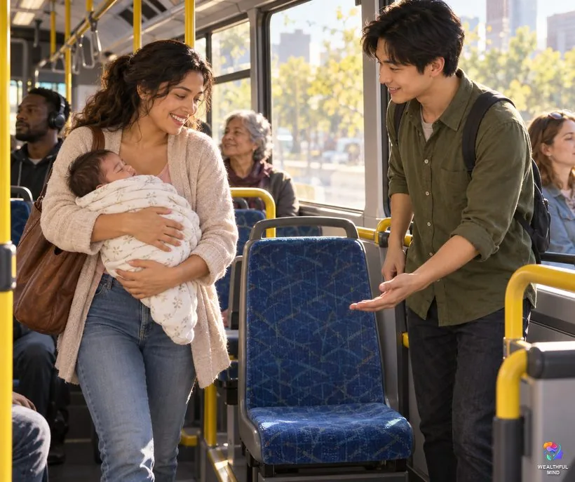 Kindness to others: a young man offering his bus seat to a tired mother holding her sleeping baby