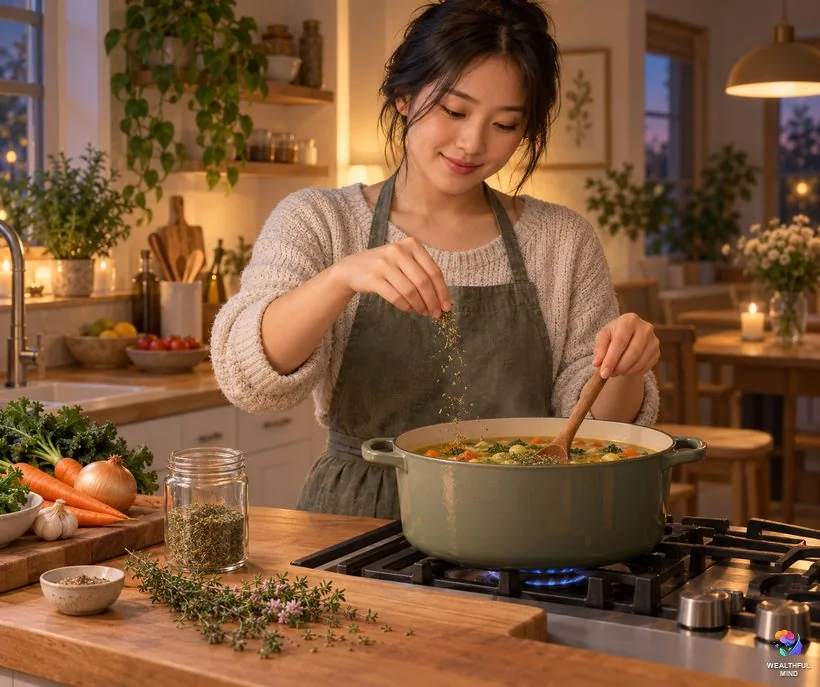 Kitchen magic with thyme: a young woman sprinkling dried thyme into a pot of soup with a spice jar beside her