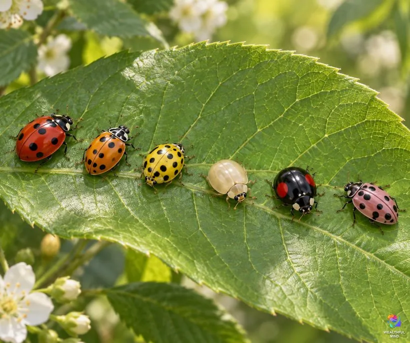 Ladybug colors: red, orange, yellow, pale, black and pink lady beetles lined up along one green leaf