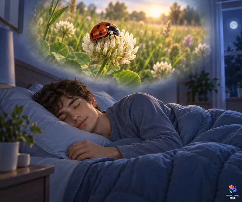 Ladybug in a dream: a young man sleeping peacefully while a dreamy glow shows a red ladybug on clover