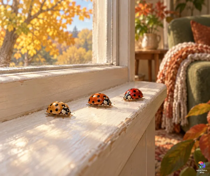 Ladybug in house spiritual meaning: three orange and red lady beetles resting on a sunny window frame in autumn