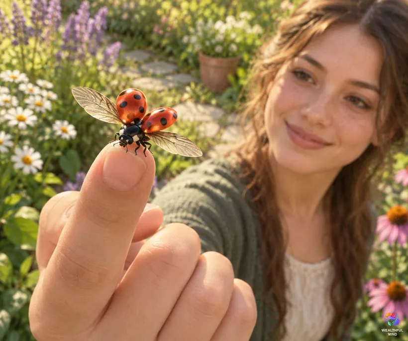 Ladybug landing on you: a red ladybug opening its wings on a young woman's fingertip in a sunny garden