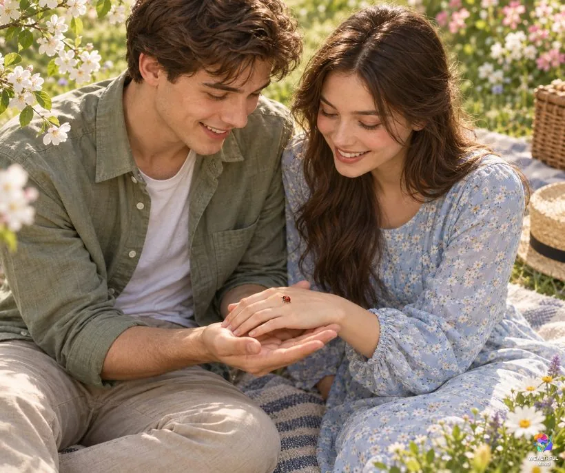 Ladybug meaning for love: a young couple smiling at a red ladybug walking across their joined hands