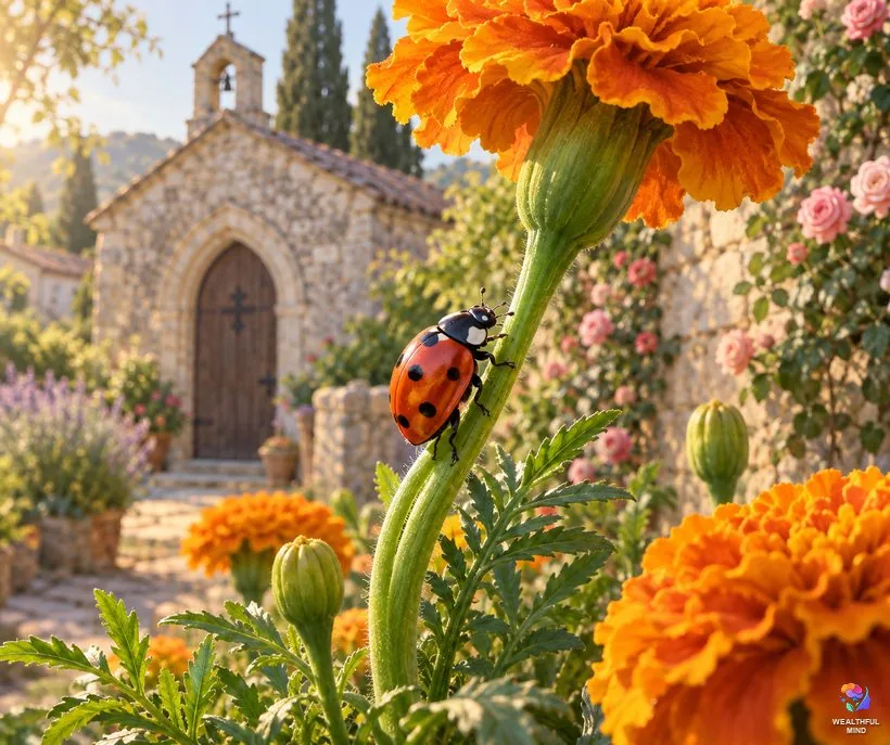 Why ladybugs mean luck: a red seven-spot ladybug on marigolds in a cottage garden beside an old stone chapel