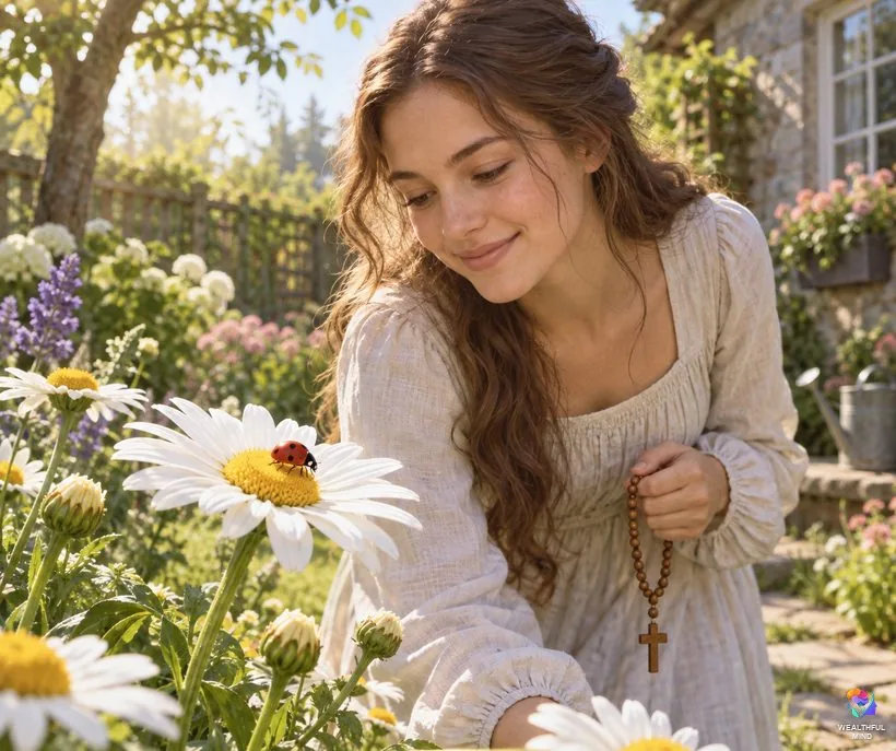 Are ladybugs sent by God: a young woman holding a rosary pauses to look at a red ladybug on a daisy