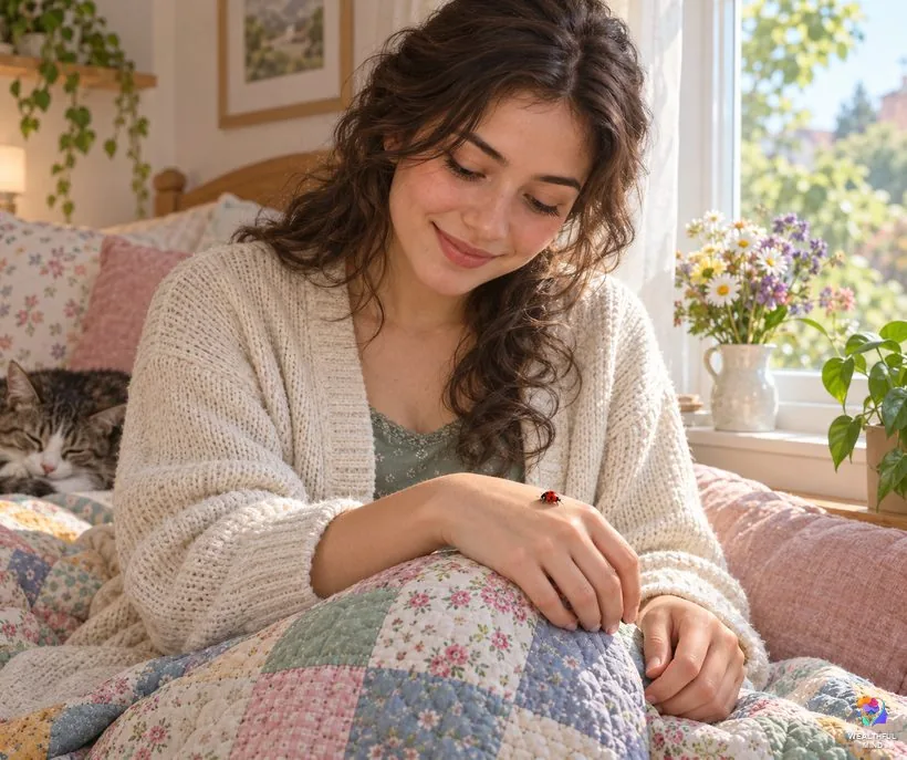 Ladybug sign from a loved one: a young woman with a patchwork quilt smiling at a red ladybug on her hand
