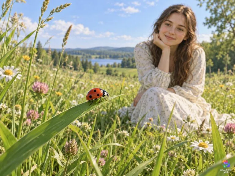 Ladybug spiritual meaning: a red seven-spot ladybug on grass in a summer meadow with a young woman watching