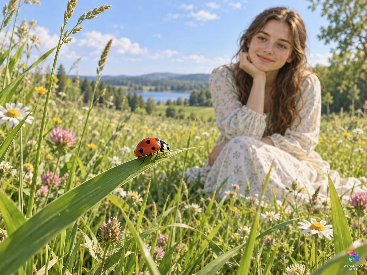 Ladybug spiritual meaning: a red seven-spot ladybug on grass in a summer meadow with a young woman watching