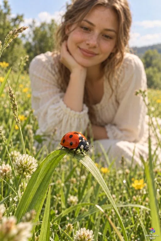 Ladybug spiritual meaning: a red seven-spot ladybug on a grass blade as a young woman watches calmly in a meadow