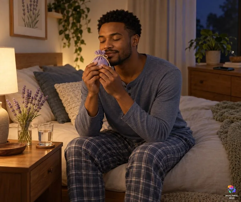 Lavender for sleep: a young man breathing in a lavender sachet on the edge of his bed before sleeping