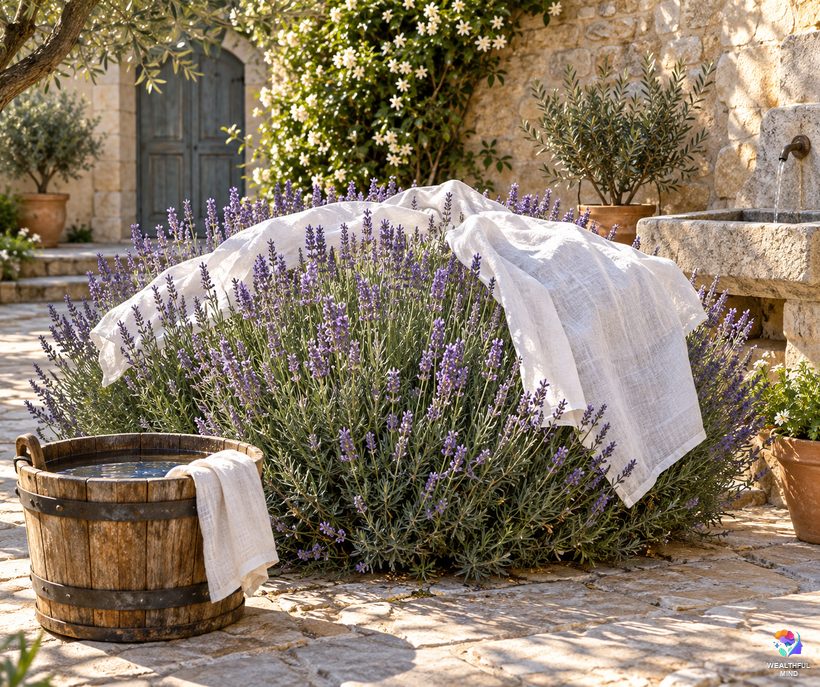 Lavender lore: white linen drying over a flowering lavender bush in an old stone courtyard, as in the Mary's Drying Plant legend