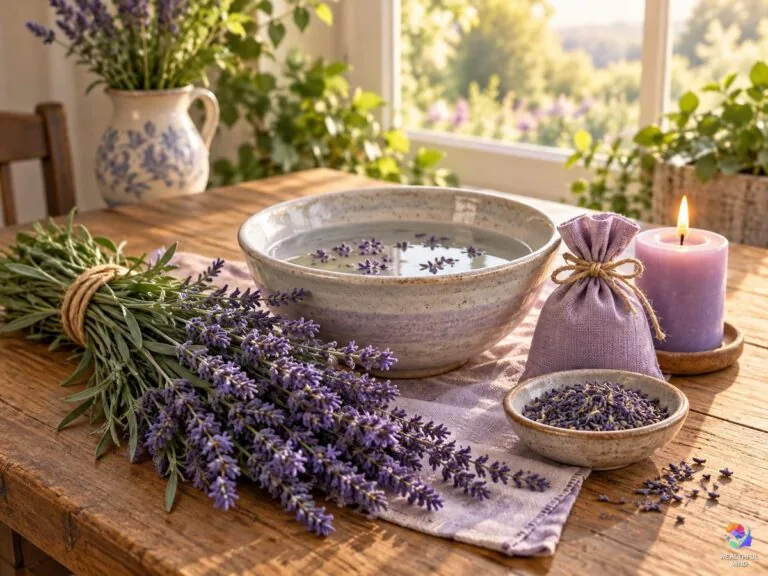 Lavender magical properties: fresh lavender, a sachet, a lit candle and a bowl of lavender water on a sunny table