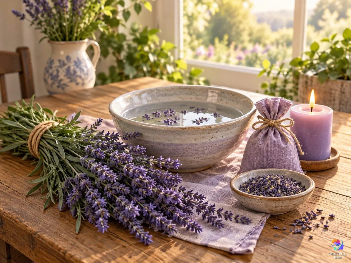 Lavender magical properties: fresh lavender, a sachet, a lit candle and a bowl of lavender water on a sunny table