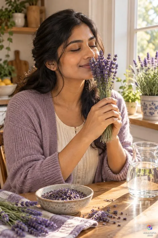Lavender magical properties: a young woman breathing in a fresh bunch of English lavender by a sunny window