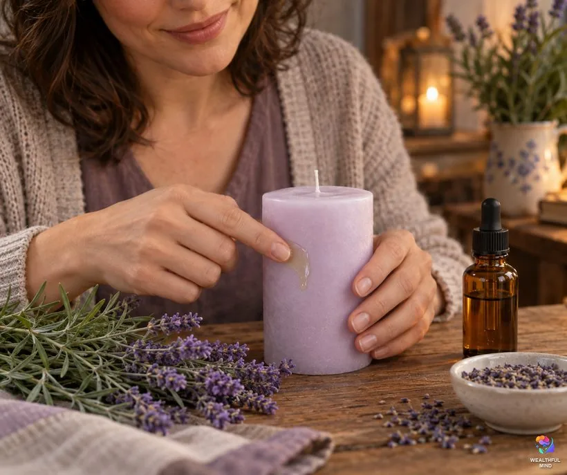 Magical properties of lavender oil: dressing a lilac candle with a drop of lavender essential oil