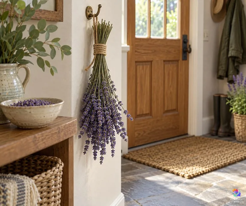 Lavender for protecting your home: a bunch of dried lavender hanging beside the front door