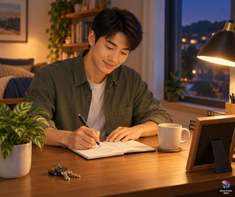 A young man writing his own law of assumption affirmations in a notebook at a cosy desk