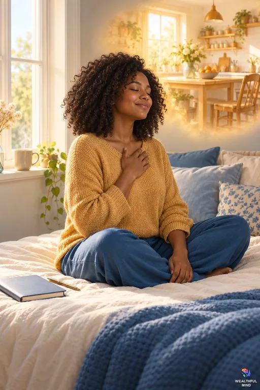 Law of assumption affirmations: a young woman saying her I am affirmation with eyes closed in morning light
