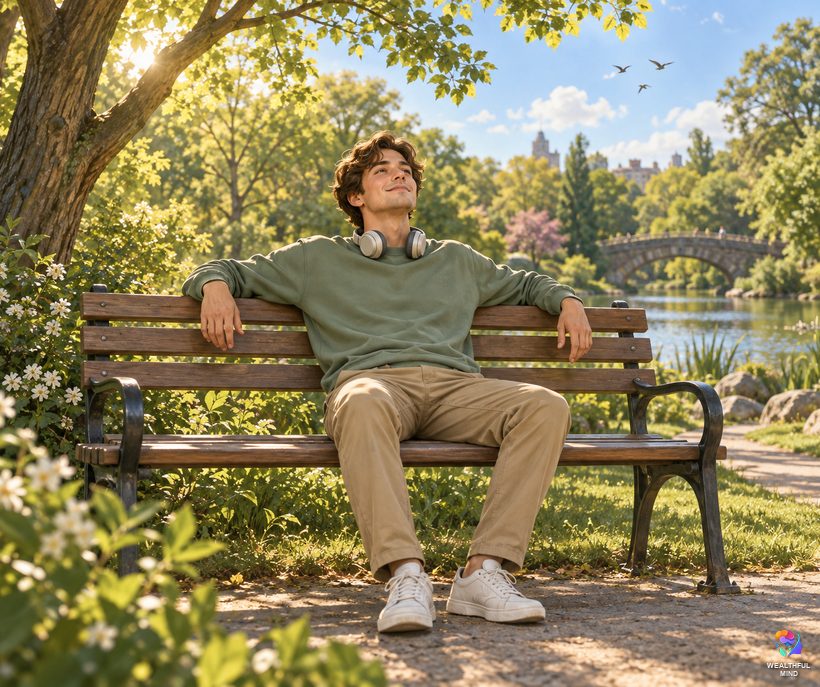 When the law of assumption is not working for shifting: a young man taking a relaxed break on a park bench