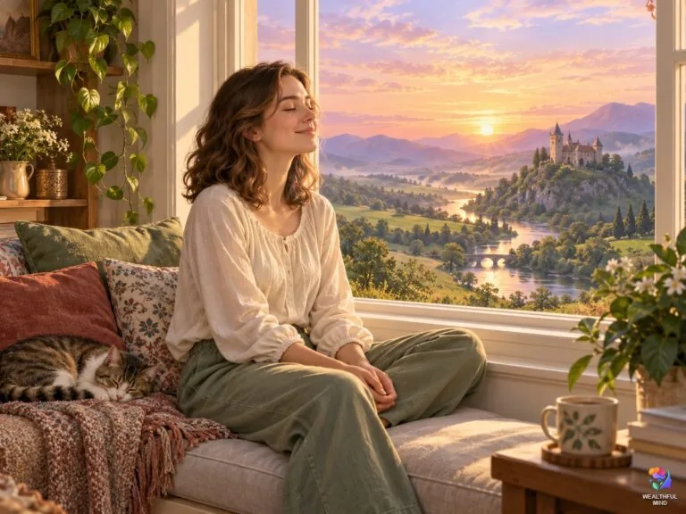 Law of assumption shifting: a young woman calmly assuming she is in her desired reality, which glows through her window at sunrise