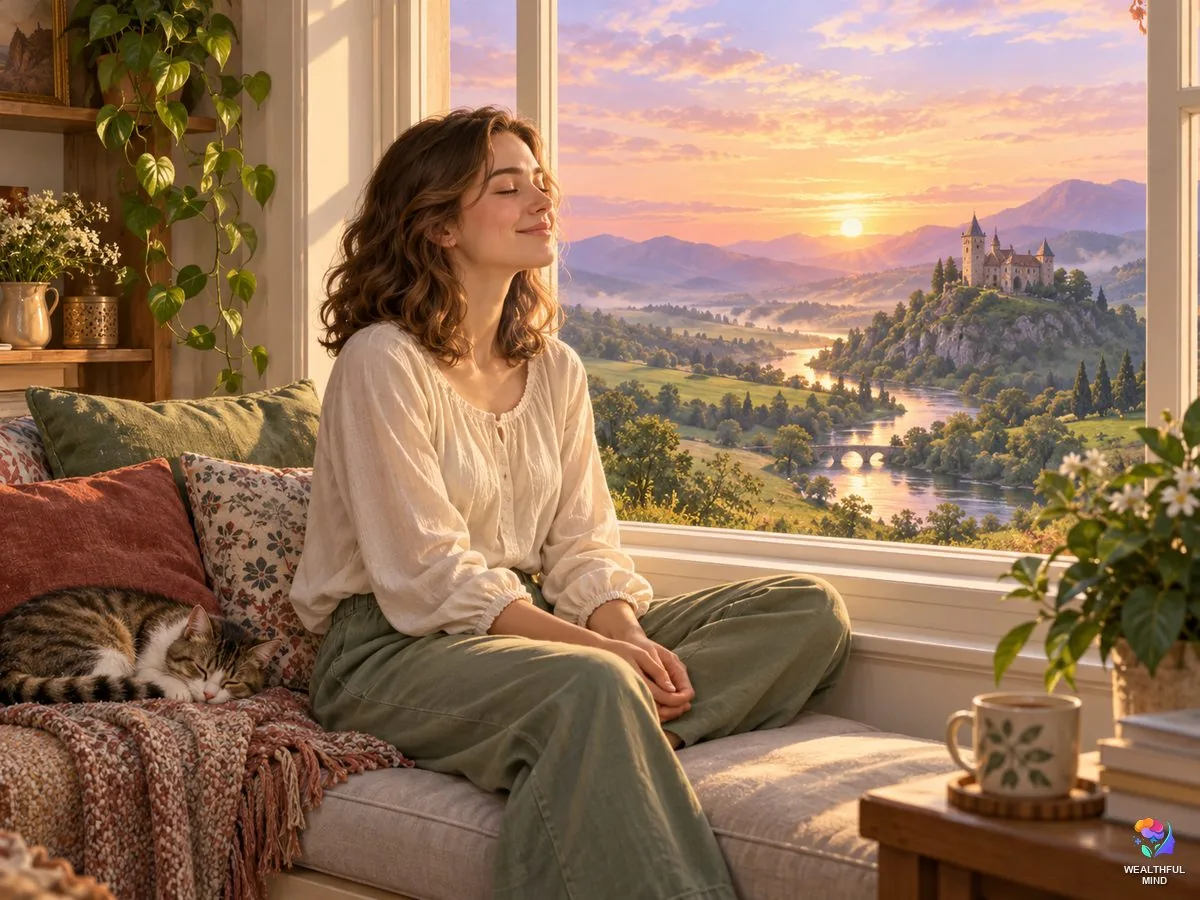 Law of assumption shifting: a young woman calmly assuming she is in her desired reality, which glows through her window at sunrise
