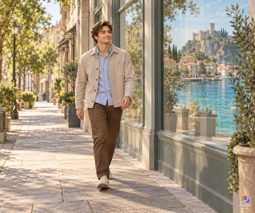 The law of assumption shifting method: a young man walking contentedly as if he already lives in his desired reality, reflected softly in shop windows