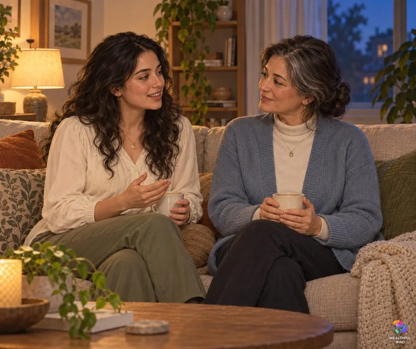 Using the law of assumption safely: a young woman talking openly with a parent over tea in a cosy living room
