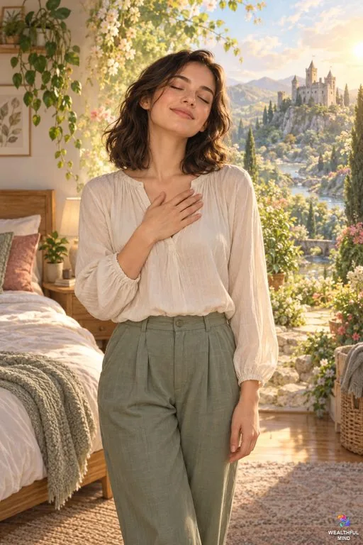 Law of assumption shifting: a young woman with eyes closed, calmly assuming she is already in her desired reality as her room blends into it