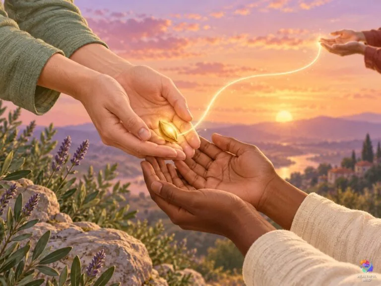 Law of compensation: open hands passing a glowing seed of light from one person to the next
