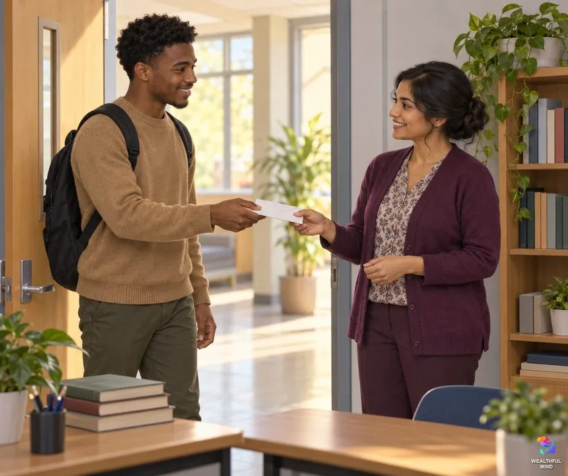 Law of compensation and gratitude: a young man handing a thank-you note to his teacher