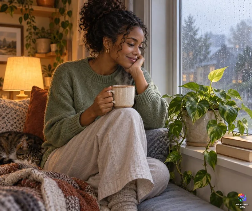 When the law of compensation seems not to work: a young woman by a rainy window beside a plant with a new leaf