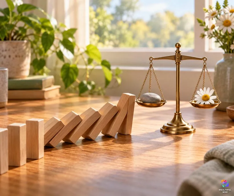 Law of compensation vs karma and cause and effect: falling dominoes beside a small balanced scale