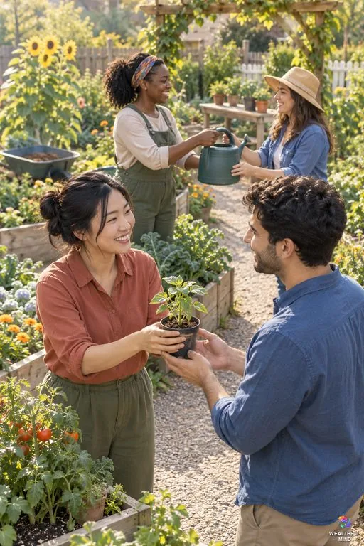 Law of compensation: a chain of small kindnesses passed from person to person in a sunny community garden