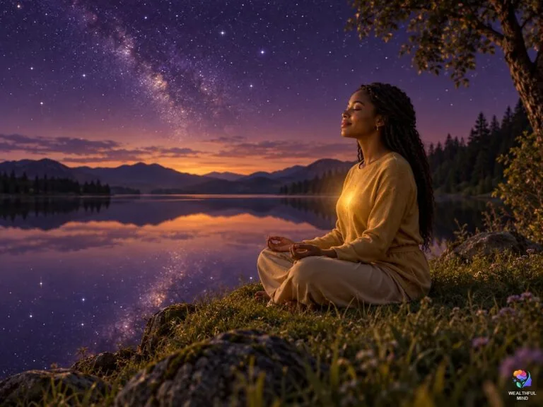 Law of correspondence: a young woman meditating beside a still lake that mirrors the starry sky above her