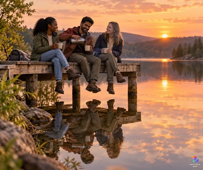 Law of correspondence overview: three friends on a jetty at sunset, their warm scene mirrored in the calm lake