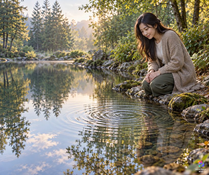 You can only attract what is already inside you: a still pond with a clear reflection beside ripples from a dropped pebble