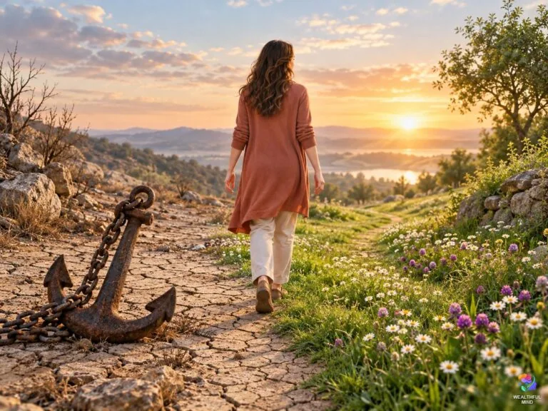 Leave the past behind: a young woman setting down an old anchor and stepping onto a flowering path towards the sunrise
