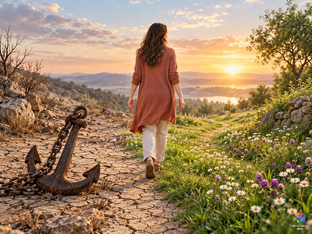 Leave the past behind: a young woman setting down an old anchor and stepping onto a flowering path towards the sunrise