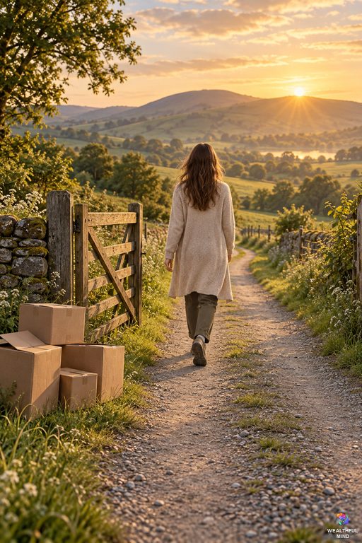 Leave the past behind: a young woman walking away from old boxes along a sunlit path towards green hills