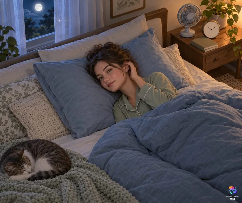 Left ear ringing at night: a young woman awake and calm in a moonlit bedroom with a small fan on the nightstand