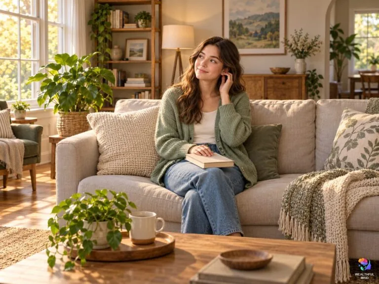 Left ear ringing spiritual meaning: a young woman on a sofa by a window touching her left ear and listening