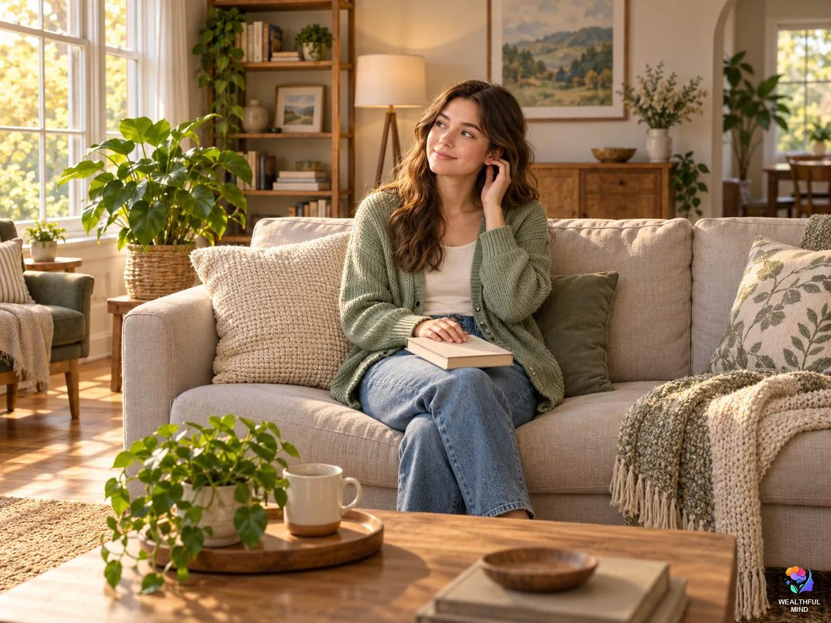 Left ear ringing spiritual meaning: a young woman on a sofa by a window touching her left ear and listening