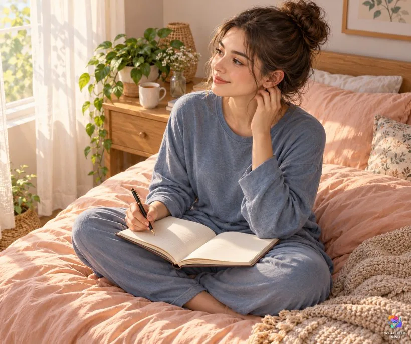 Left ear ringing spiritual meaning for women: a young woman journaling on her bed in soft morning light