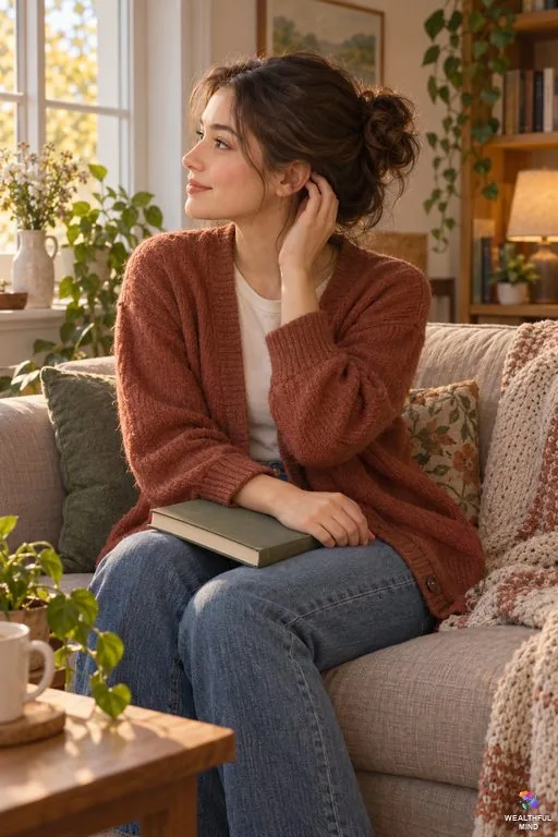 Left ear ringing spiritual meaning: a young woman in a quiet room lightly touching her left ear as she listens calmly