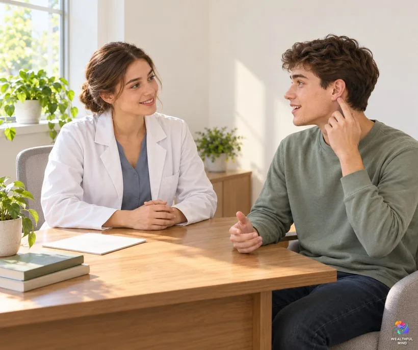 When to see a doctor about left ear ringing: a young man talking calmly with a friendly doctor in a bright office