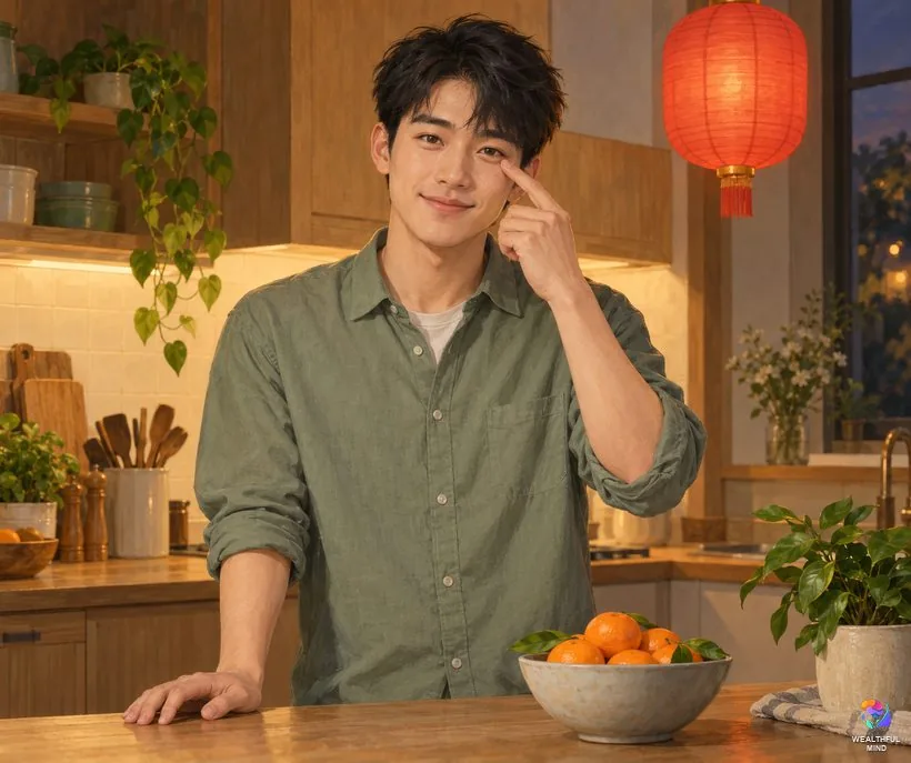 Left eye twitching Chinese saying: a young man smiles in a warm kitchen with oranges and a red lantern